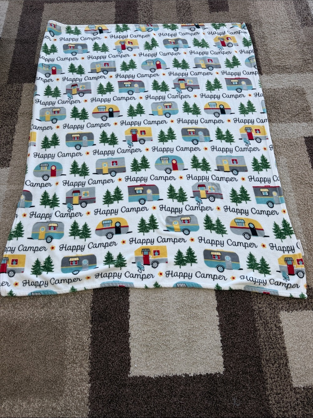 Happy Camper Printed Fleece Throw Blanket - White with Multi-Color Camper Motif